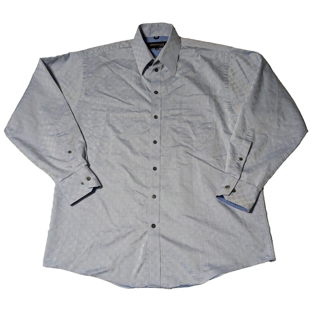 KENNETH COLE Men Size 16 34-35 Blue Checker Board Button-Up Dress Shirt